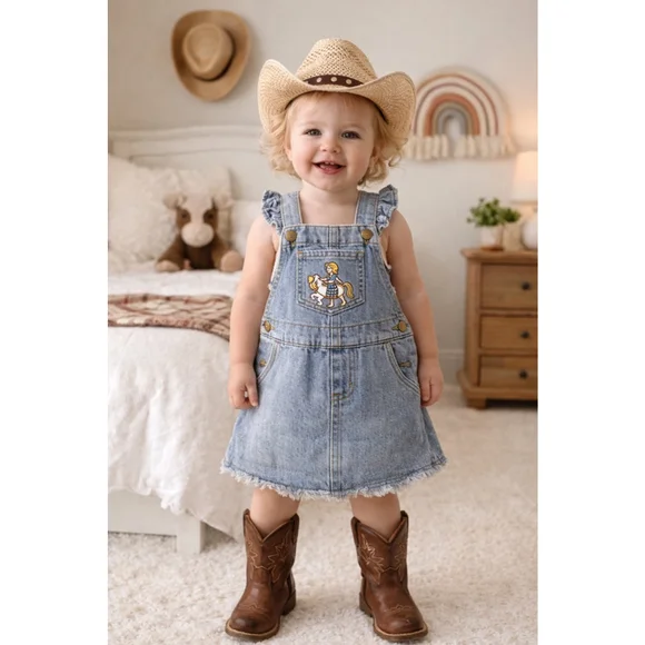 Shea Baby Western Cowgirl Denim Overall Dress 12-18M Horse Embroidery Boutique - Picture 2 of 10